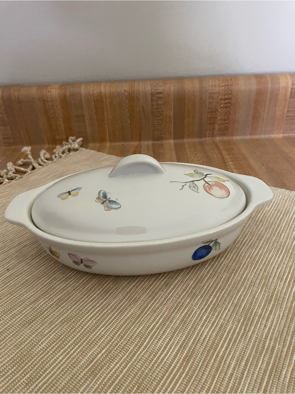 White Ceramic Covered Casserole Dish with Fruit & Butterfly Motif